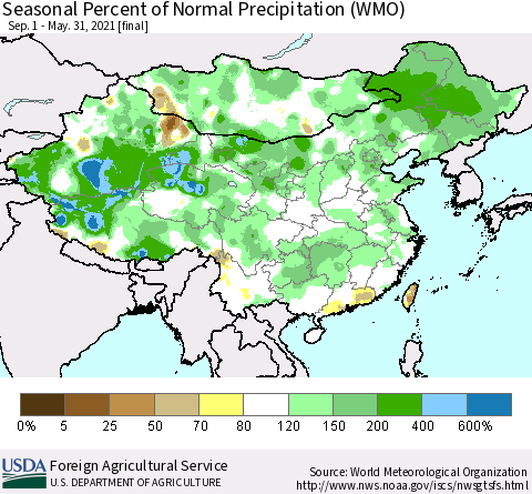 China, Mongolia and Taiwan Seasonal Percent of Normal Precipitation (WMO) Thematic Map For 9/1/2020 - 5/31/2021