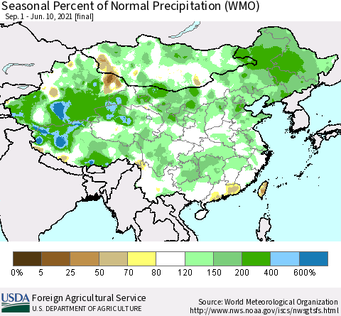 China, Mongolia and Taiwan Seasonal Percent of Normal Precipitation (WMO) Thematic Map For 9/1/2020 - 6/10/2021