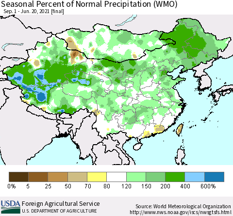 China, Mongolia and Taiwan Seasonal Percent of Normal Precipitation (WMO) Thematic Map For 9/1/2020 - 6/20/2021