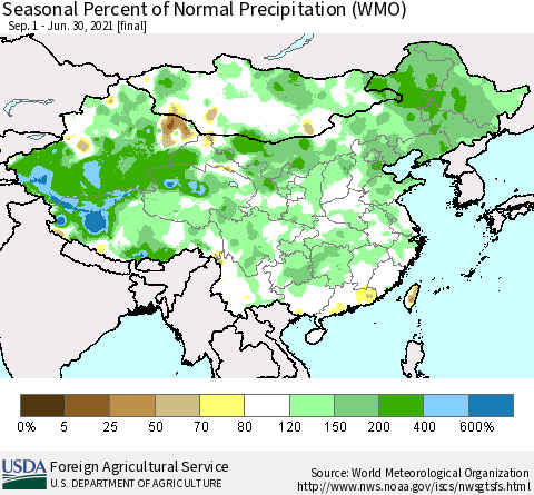 China, Mongolia and Taiwan Seasonal Percent of Normal Precipitation (WMO) Thematic Map For 9/1/2020 - 6/30/2021