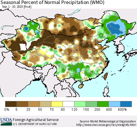 China, Mongolia and Taiwan Seasonal Percent of Normal Precipitation (WMO) Thematic Map For 9/1/2020 - 9/10/2020