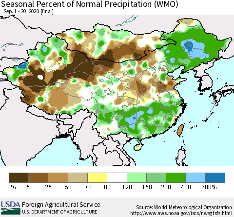 China, Mongolia and Taiwan Seasonal Percent of Normal Precipitation (WMO) Thematic Map For 9/1/2020 - 9/20/2020