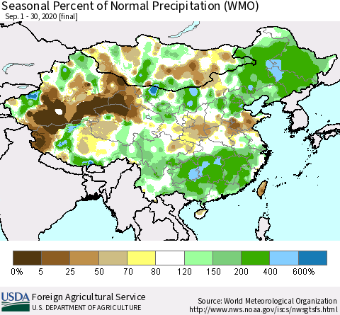 China, Mongolia and Taiwan Seasonal Percent of Normal Precipitation (WMO) Thematic Map For 9/1/2020 - 9/30/2020