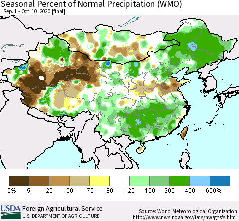 China, Mongolia and Taiwan Seasonal Percent of Normal Precipitation (WMO) Thematic Map For 9/1/2020 - 10/10/2020