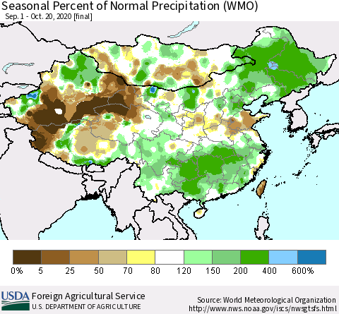 China, Mongolia and Taiwan Seasonal Percent of Normal Precipitation (WMO) Thematic Map For 9/1/2020 - 10/20/2020