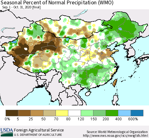 China, Mongolia and Taiwan Seasonal Percent of Normal Precipitation (WMO) Thematic Map For 9/1/2020 - 10/31/2020