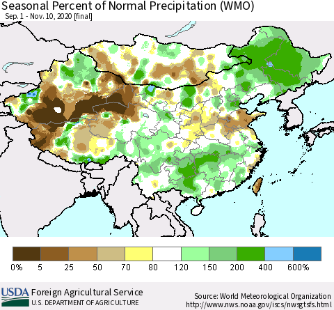 China, Mongolia and Taiwan Seasonal Percent of Normal Precipitation (WMO) Thematic Map For 9/1/2020 - 11/10/2020