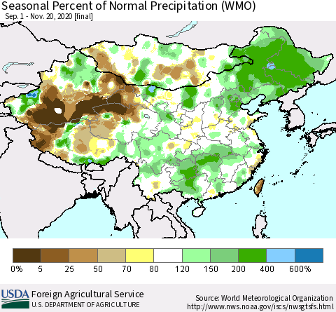 China, Mongolia and Taiwan Seasonal Percent of Normal Precipitation (WMO) Thematic Map For 9/1/2020 - 11/20/2020