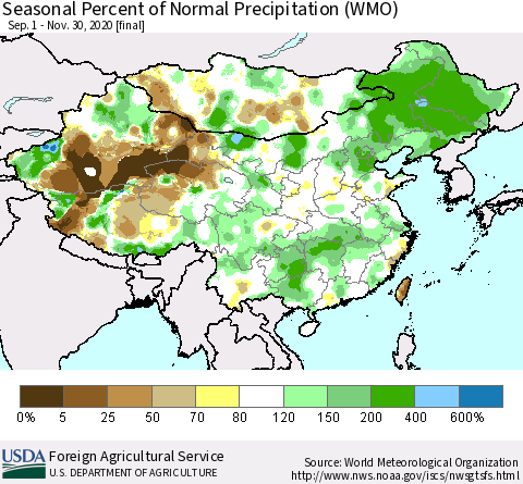 China, Mongolia and Taiwan Seasonal Percent of Normal Precipitation (WMO) Thematic Map For 9/1/2020 - 11/30/2020
