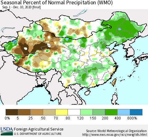China, Mongolia and Taiwan Seasonal Percent of Normal Precipitation (WMO) Thematic Map For 9/1/2020 - 12/10/2020