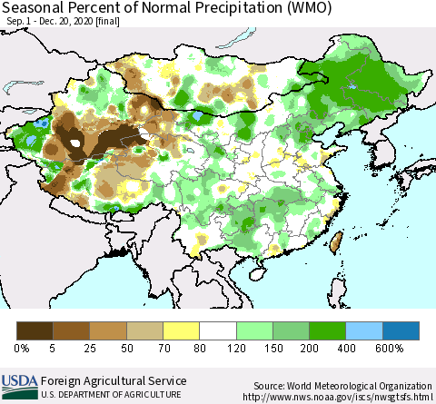 China, Mongolia and Taiwan Seasonal Percent of Normal Precipitation (WMO) Thematic Map For 9/1/2020 - 12/20/2020