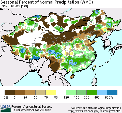 China, Mongolia and Taiwan Seasonal Percent of Normal Precipitation (WMO) Thematic Map For 3/1/2021 - 3/10/2021