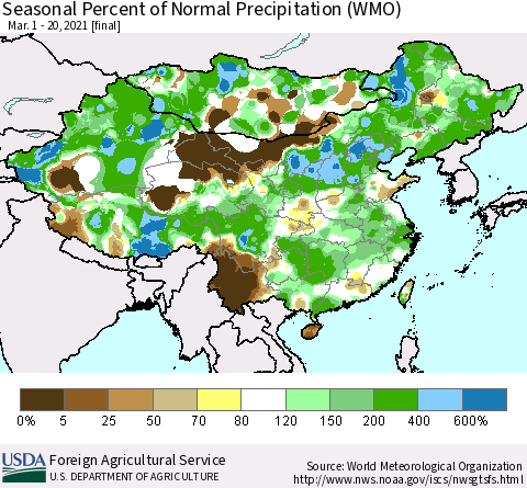 China, Mongolia and Taiwan Seasonal Percent of Normal Precipitation (WMO) Thematic Map For 3/1/2021 - 3/20/2021