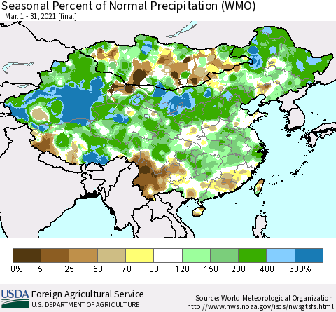 China, Mongolia and Taiwan Seasonal Percent of Normal Precipitation (WMO) Thematic Map For 3/1/2021 - 3/31/2021