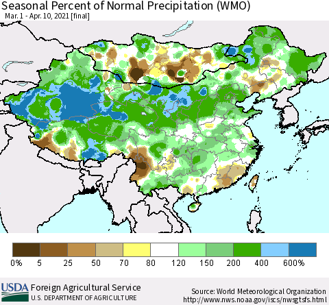 China, Mongolia and Taiwan Seasonal Percent of Normal Precipitation (WMO) Thematic Map For 3/1/2021 - 4/10/2021