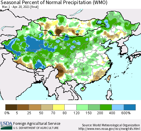 China, Mongolia and Taiwan Seasonal Percent of Normal Precipitation (WMO) Thematic Map For 3/1/2021 - 4/20/2021