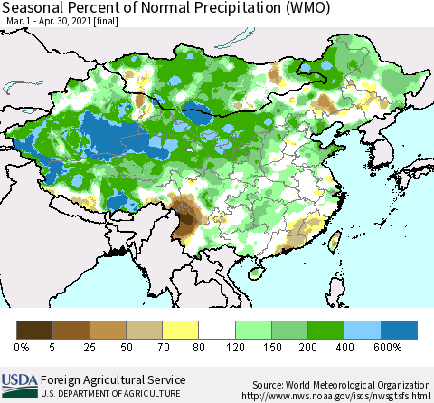 China, Mongolia and Taiwan Seasonal Percent of Normal Precipitation (WMO) Thematic Map For 3/1/2021 - 4/30/2021