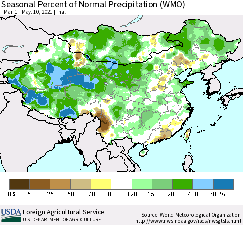 China, Mongolia and Taiwan Seasonal Percent of Normal Precipitation (WMO) Thematic Map For 3/1/2021 - 5/10/2021