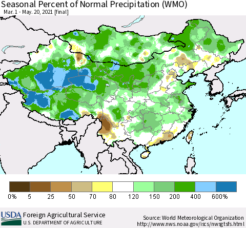 China, Mongolia and Taiwan Seasonal Percent of Normal Precipitation (WMO) Thematic Map For 3/1/2021 - 5/20/2021