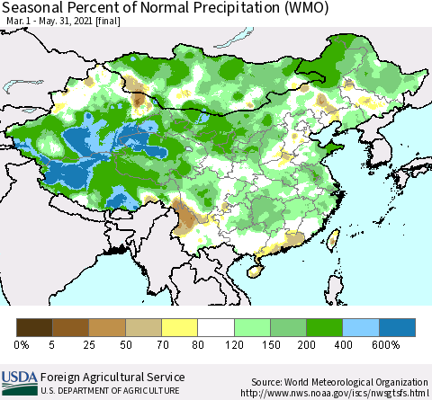 China, Mongolia and Taiwan Seasonal Percent of Normal Precipitation (WMO) Thematic Map For 3/1/2021 - 5/31/2021