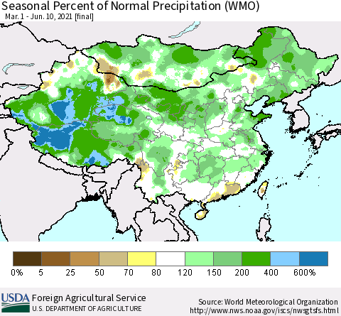 China, Mongolia and Taiwan Seasonal Percent of Normal Precipitation (WMO) Thematic Map For 3/1/2021 - 6/10/2021