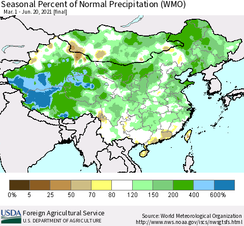 China, Mongolia and Taiwan Seasonal Percent of Normal Precipitation (WMO) Thematic Map For 3/1/2021 - 6/20/2021