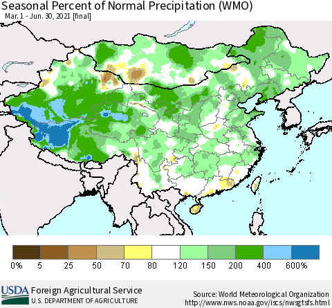 China, Mongolia and Taiwan Seasonal Percent of Normal Precipitation (WMO) Thematic Map For 3/1/2021 - 6/30/2021