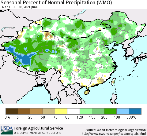 China, Mongolia and Taiwan Seasonal Percent of Normal Precipitation (WMO) Thematic Map For 3/1/2021 - 7/10/2021