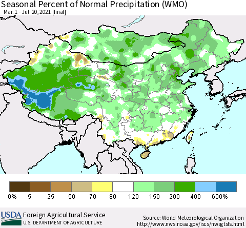 China, Mongolia and Taiwan Seasonal Percent of Normal Precipitation (WMO) Thematic Map For 3/1/2021 - 7/20/2021