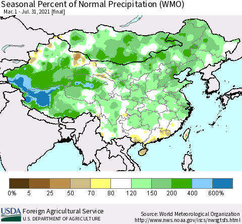 China, Mongolia and Taiwan Seasonal Percent of Normal Precipitation (WMO) Thematic Map For 3/1/2021 - 7/31/2021