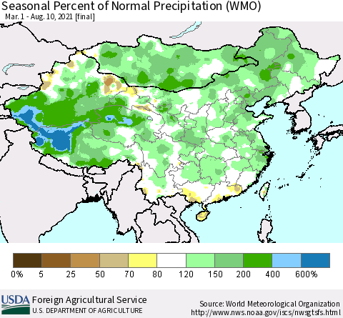 China, Mongolia and Taiwan Seasonal Percent of Normal Precipitation (WMO) Thematic Map For 3/1/2021 - 8/10/2021