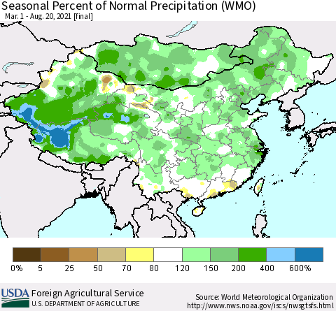 China, Mongolia and Taiwan Seasonal Percent of Normal Precipitation (WMO) Thematic Map For 3/1/2021 - 8/20/2021