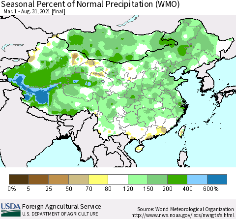 China, Mongolia and Taiwan Seasonal Percent of Normal Precipitation (WMO) Thematic Map For 3/1/2021 - 8/31/2021