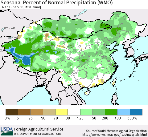 China, Mongolia and Taiwan Seasonal Percent of Normal Precipitation (WMO) Thematic Map For 3/1/2021 - 9/10/2021