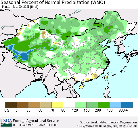 China, Mongolia and Taiwan Seasonal Percent of Normal Precipitation (WMO) Thematic Map For 3/1/2021 - 9/20/2021