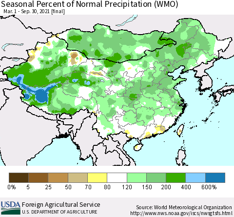 China, Mongolia and Taiwan Seasonal Percent of Normal Precipitation (WMO) Thematic Map For 3/1/2021 - 9/30/2021