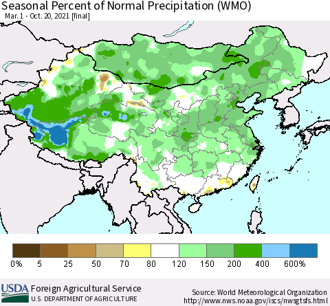 China, Mongolia and Taiwan Seasonal Percent of Normal Precipitation (WMO) Thematic Map For 3/1/2021 - 10/20/2021