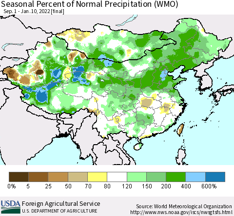 China, Mongolia and Taiwan Seasonal Percent of Normal Precipitation (WMO) Thematic Map For 9/1/2021 - 1/10/2022