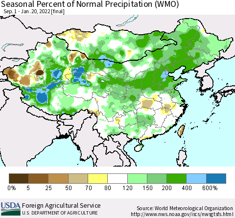 China, Mongolia and Taiwan Seasonal Percent of Normal Precipitation (WMO) Thematic Map For 9/1/2021 - 1/20/2022