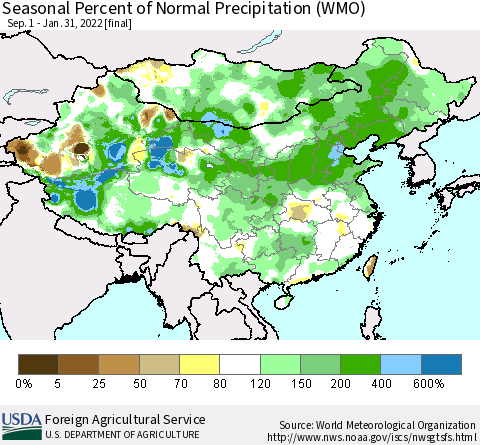China, Mongolia and Taiwan Seasonal Percent of Normal Precipitation (WMO) Thematic Map For 9/1/2021 - 1/31/2022