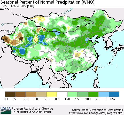 China, Mongolia and Taiwan Seasonal Percent of Normal Precipitation (WMO) Thematic Map For 9/1/2021 - 2/20/2022