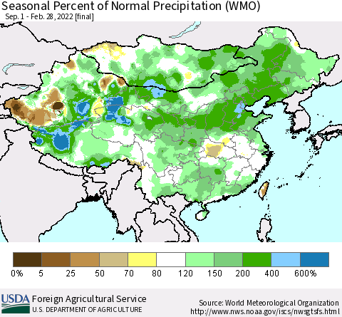 China, Mongolia and Taiwan Seasonal Percent of Normal Precipitation (WMO) Thematic Map For 9/1/2021 - 2/28/2022
