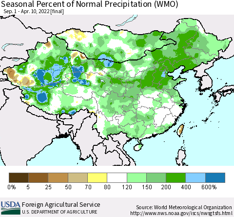 China, Mongolia and Taiwan Seasonal Percent of Normal Precipitation (WMO) Thematic Map For 9/1/2021 - 4/10/2022