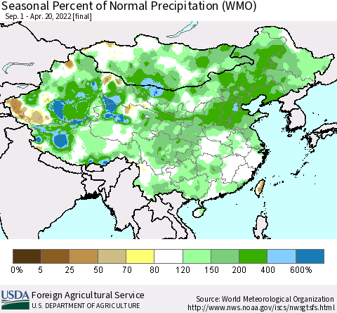 China, Mongolia and Taiwan Seasonal Percent of Normal Precipitation (WMO) Thematic Map For 9/1/2021 - 4/20/2022