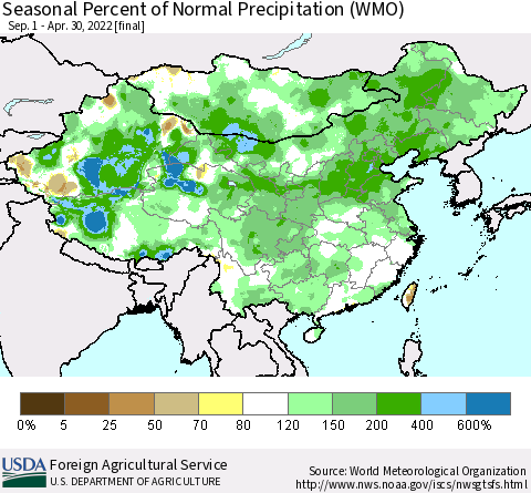 China, Mongolia and Taiwan Seasonal Percent of Normal Precipitation (WMO) Thematic Map For 9/1/2021 - 4/30/2022