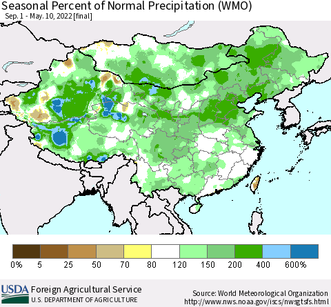 China, Mongolia and Taiwan Seasonal Percent of Normal Precipitation (WMO) Thematic Map For 9/1/2021 - 5/10/2022