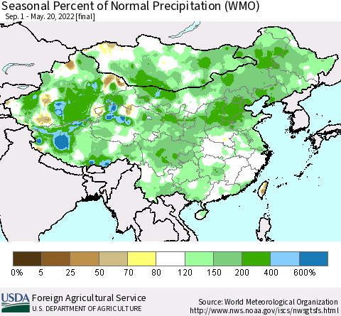 China, Mongolia and Taiwan Seasonal Percent of Normal Precipitation (WMO) Thematic Map For 9/1/2021 - 5/20/2022