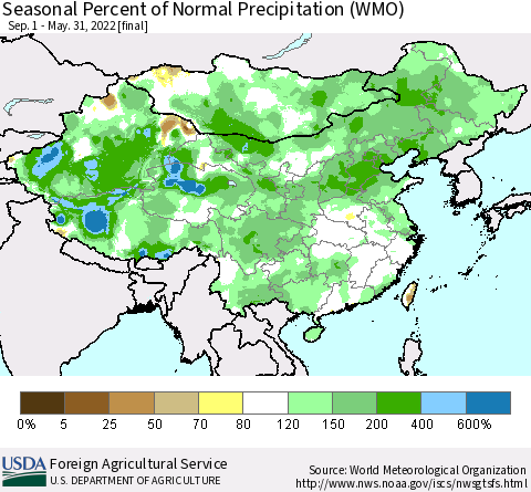 China, Mongolia and Taiwan Seasonal Percent of Normal Precipitation (WMO) Thematic Map For 9/1/2021 - 5/31/2022