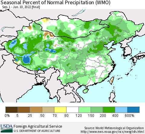 China, Mongolia and Taiwan Seasonal Percent of Normal Precipitation (WMO) Thematic Map For 9/1/2021 - 6/10/2022