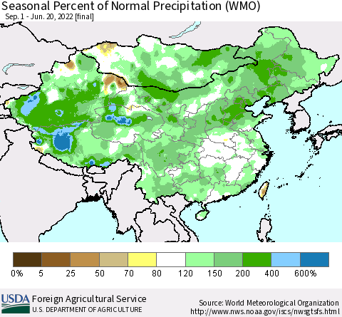 China, Mongolia and Taiwan Seasonal Percent of Normal Precipitation (WMO) Thematic Map For 9/1/2021 - 6/20/2022